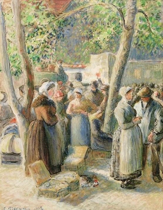 Camille Pissarro, Der Markt in Gisors (Bauer (Landwirt),Handel,Markt,Impressionismus,Geflügel,Bäuerin,Französische Kunst,Marktfrau)