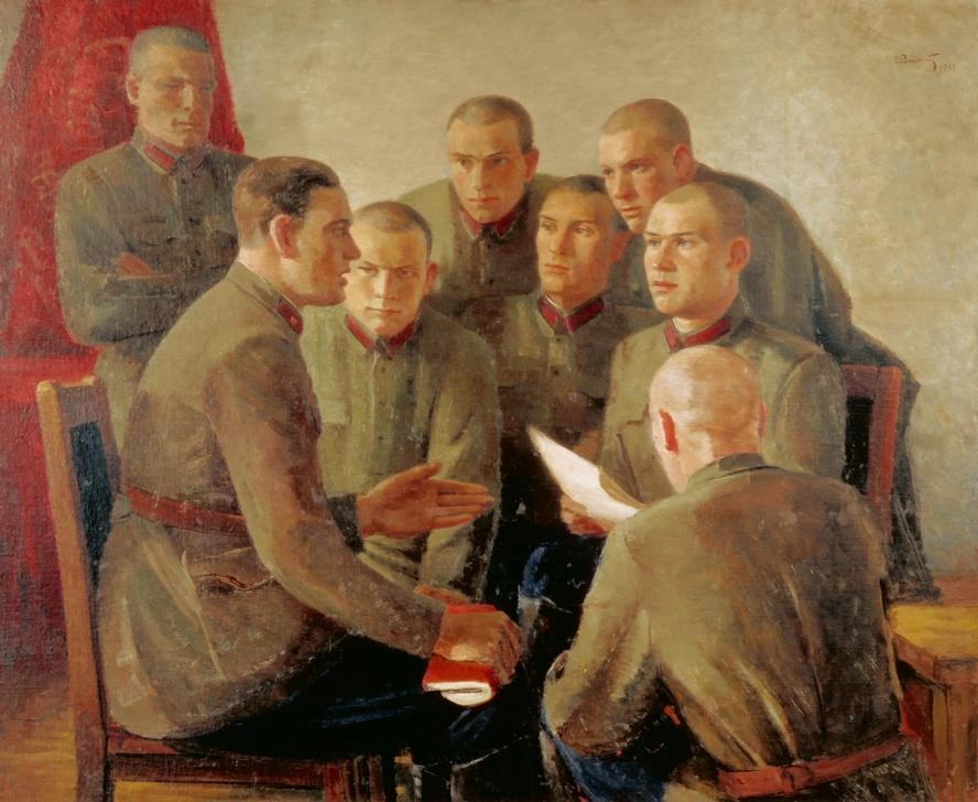 Georgy Georgievich Ryazhsky, Das politische Gespräch (Soldaten, Gespräch, Unterhaltung, Diskussionen, Uniformen, MILITÄR, POLITIK, REALISMUS, UNTERRICHT, SOZIALISTISCHER REALISMUS, ROTE ARMEE, Wunschgröße)