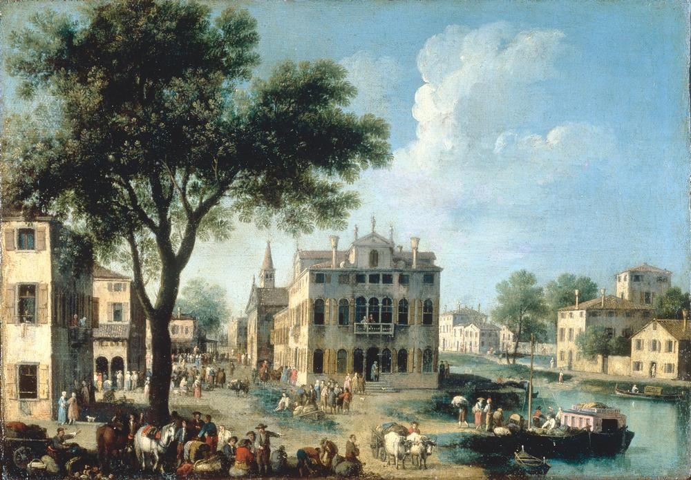 Giovanni Antonio Canaletto, Ansicht einer Ortschaft an der Brenta (Fluss, Dorf, Städte, Markt, Menschen , Gesellschaft, Fluss, Brenta, Gebäude, Veneto, Barock, Klassiker, Wunschgröße, Wohnzimmer)