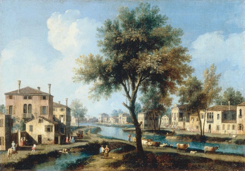 Giovanni Antonio Canaletto, Ansicht einer Ortschaft an der Brenta (Fluss, Dorf, Städte, Menschen , Gesellschaft, Fluss, Brenta, Gebäude, Veneto, Barock, Klassiker, Wunschgröße, Wohnzimmer)