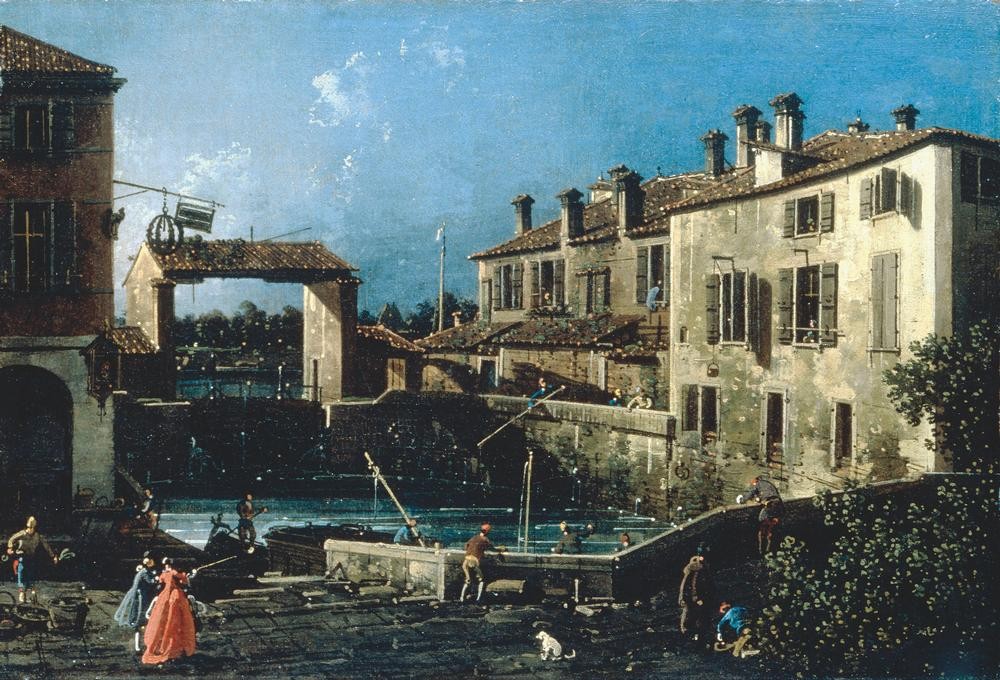 Giovanni Antonio Canaletto, Schleuse des Brenta-Kanals in Dolo (Brenta-Kanal,  Fluss, Schleuse, Architektur, Menschen, Dorf, Alltag, Gesellschaft, Gebäude, Veneto, Barock, Klassiker, Wunschgröße, Wohnzimmer)