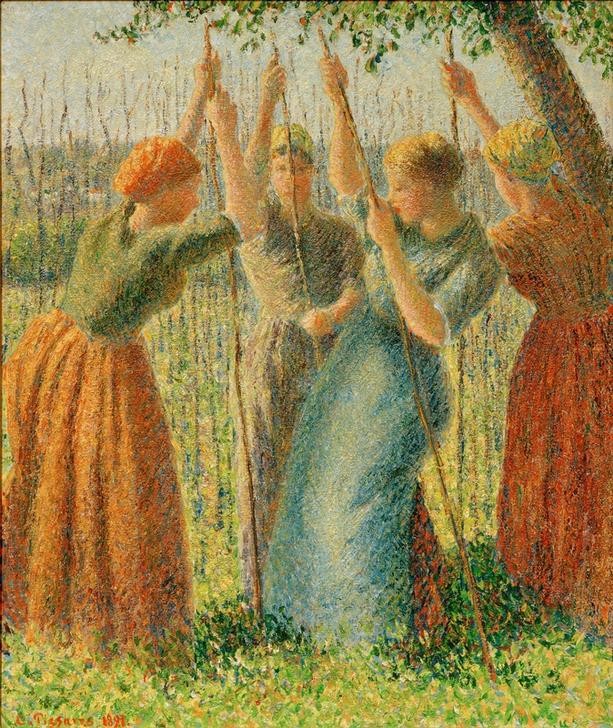 Camille Pissarro, Stangen setzende Bäuerinnen (Arbeit,Frau,Jahreszeiten,Volkskunde,Impressionismus,Frühling,Bäuerin,Französische Kunst,Landleben,Gemüseanbau,Frauenleben,Feldarbeit,Land Und Leute,Landwirtschaft)