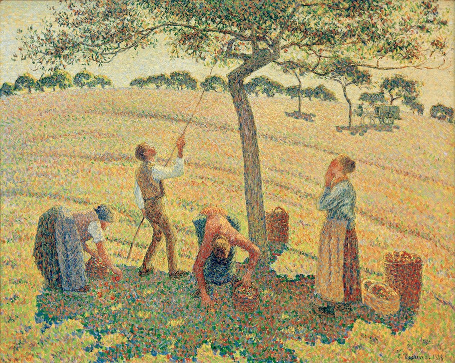 Camille Pissarro, Die Apfelernte, Eragnysur-Epte (Apfel,Arbeit,Bauer (Landwirt),Ernte,Herbst,Jahreszeiten,Obstbau,Obst,Impressionismus,Pointillismus,Bäuerin,Französische Kunst,Korb,Apfelbaum,Landleben,Obsternte,Obstbaum,Landwirtschaft)