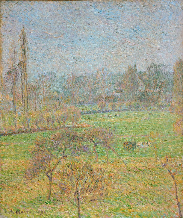 Camille Pissarro, Morgen, Herbst, Eragny (Herbst,Jahreszeiten,Kunst,Landschaft,Tageszeiten,Morgen,Impressionismus,Französische Kunst,Landwirtschaft,Signatur,Weide (Wiese))