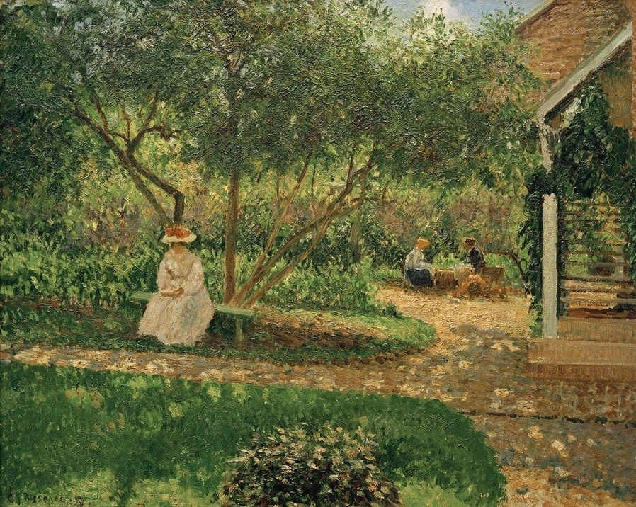 Camille Pissarro, Ecke im Garten von Eragny (Frau,Garten Und Park,Menschen Im Park,Bank (Sitzgelegenheit),Sommer,Impressionismus,Französische Kunst,Harmonie,Müssiggang,Menschen Im Garten,Sonnenlicht,Garten)