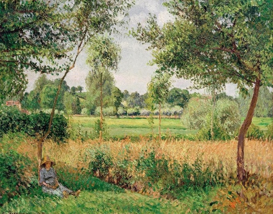 Camille Pissarro, Morgen, Sonnenlicht, Eragny (Frau,Jahreszeiten,Landschaft,Mensch,Pause,Rast,Sommer,Tageszeiten,Morgen,Impressionismus,Französische Kunst,Ausruhen,Sonnenlicht,Jahrhundertwende)