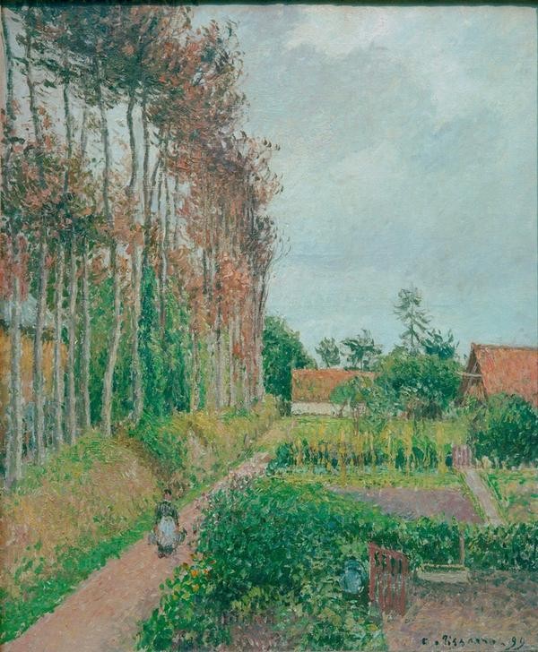 Camille Pissarro, Das Gehöft der Auberge Ango, Varengeville (Frau,Landschaft,Gemüsegarten,Impressionismus,Gartenarbeit,Französische Kunst,Menschen Im Garten,Jahrhundertwende,Nutzgarten,Garten)