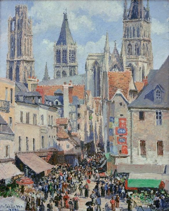 Camille Pissarro, Die Rue de l’Epicérie in Rouen (Geographie,Handel,Kirche,Kunst,Strassenszene,Impressionismus,Architekturdarstellung,Französische Kunst,Fussgänger,Menschenmenge,Jahrhundertwende,Gedränge,Topographie,Kathedrale)