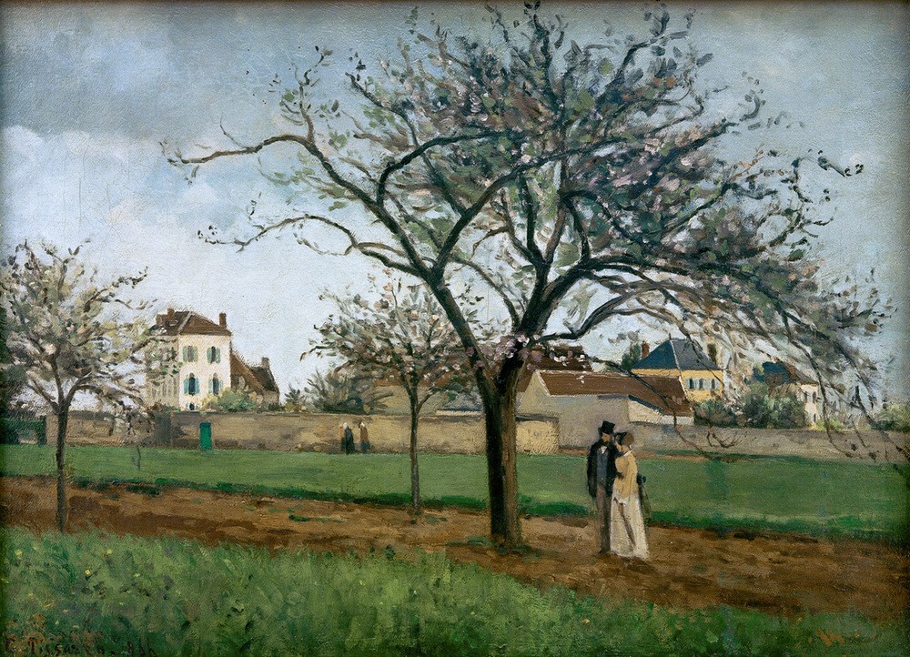 Camille Pissarro, Das Haus vom Père Gallien, Pontoise (Kunst,Landschaft,Spaziergang,Obstgarten,Impressionismus,Baum,Bürgertum,Architekturdarstellung,Französische Kunst,Obstbaum)