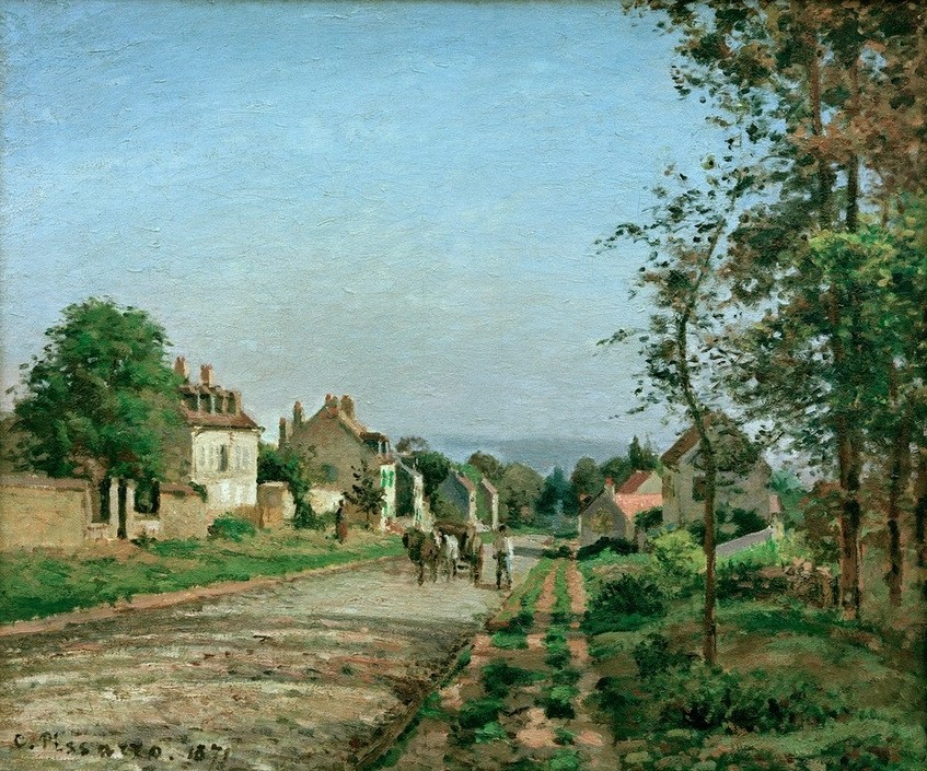 Camille Pissarro, Umgebung von Louveciennes, die Landstraße (Landstrasse,Landschaft,Strasse (Allgemein),Verkehr,Impressionismus,Architekturdarstellung,Französische Kunst,Fuhrwerk)