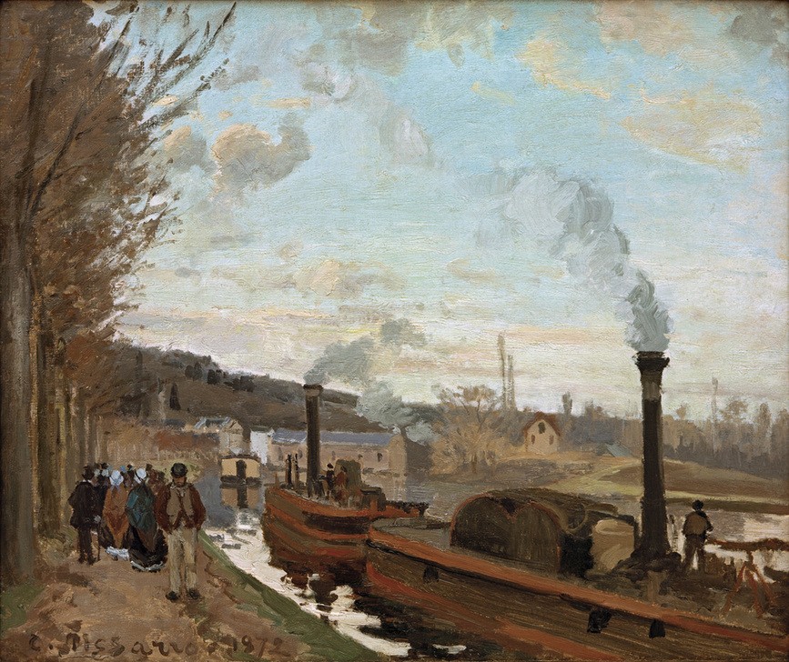 Camille Pissarro, Die Seine bei Port-Marly (Dampfer,Geographie,Landschaft,Spaziergang,Verkehr,Impressionismus,Fluss,Französische Kunst,Binnenschiffahrt,Flusschiffahrt,Topographie,Frachtschiff,Schleppkahn,Schifffahrt)