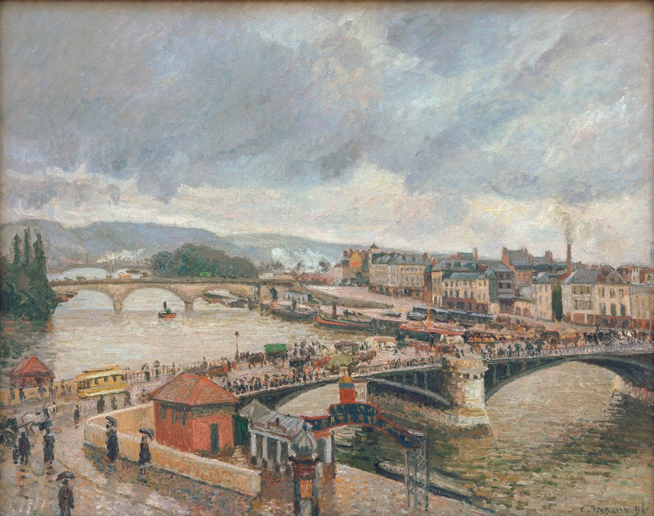 Camille Pissarro, Blick auf die Große Brücke, Rouen, Regen (Architektur,Brücke,Geographie,Kunst,Landschaft,Meteorologie,Regen,Stadt,Verkehr,Wetter,Impressionismus,Fluss,Vedute,Stadtansicht,Architekturdarstellung,Französische Kunst,Ansicht,Jahrhundertwende,Stadtlandschaft,Topographie,Schlechtes Wetter,Signatur)