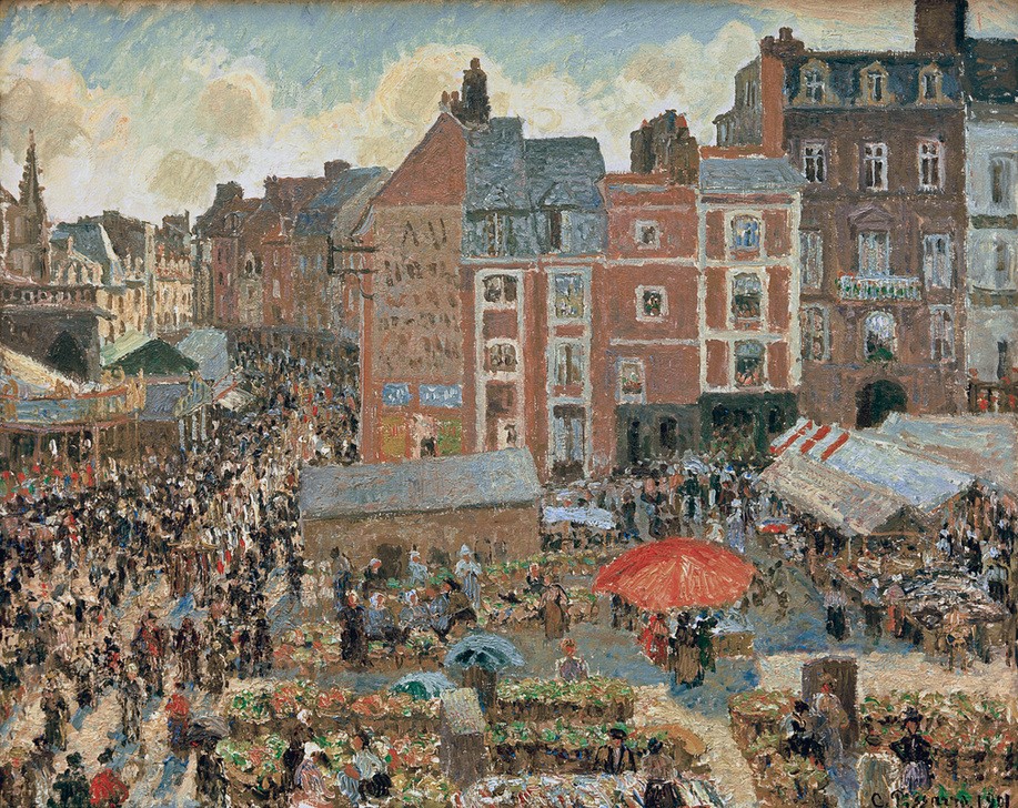 Camille Pissarro, Jahrmarkt in Dieppe, Sonne, Nachmittag (Gesellschaft,Jahrmarkt,Marktplatz,Tageszeiten,Nachmittag,Impressionismus,Architekturdarstellung,Französische Kunst,Jahrhundertwende)