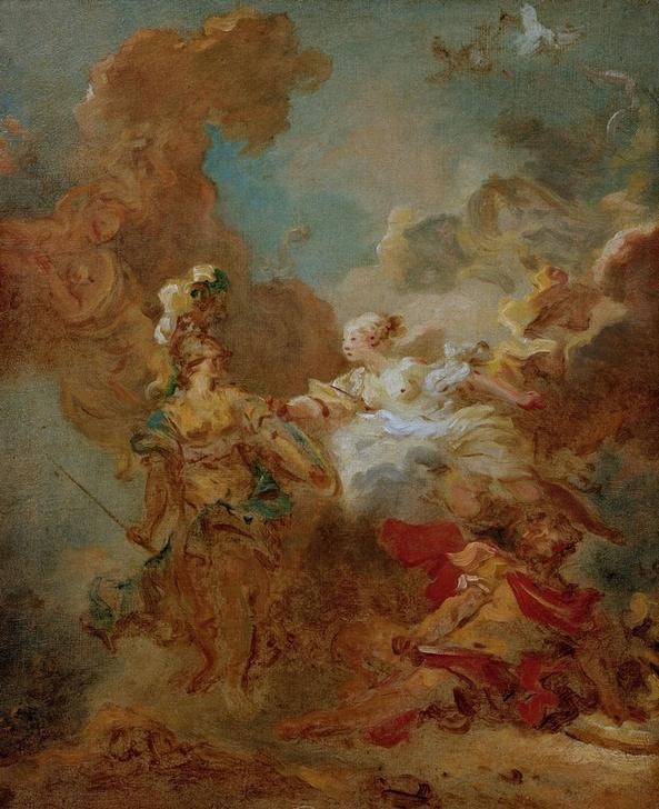 Jean-Honoré Fragonard, Venus greift in den Kampf zwischen Mars und Minerva ein (Mythologie, Götter, Streit, Kampf,  Treppenhaus, Wohnzimmer, Rokoko, Klassiker, Wunschgröße, Malerei, bunt)