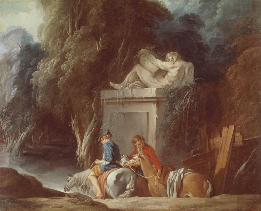 Francois Boucher, Reiter durchqueren eine Furt (Kunst,Landschaft,Pferd (Tier),Freizeit,Reiter,Rokoko,Reise,Flussgott,Französische Kunst,Furt,Reiten,Skulptur Im Bild)