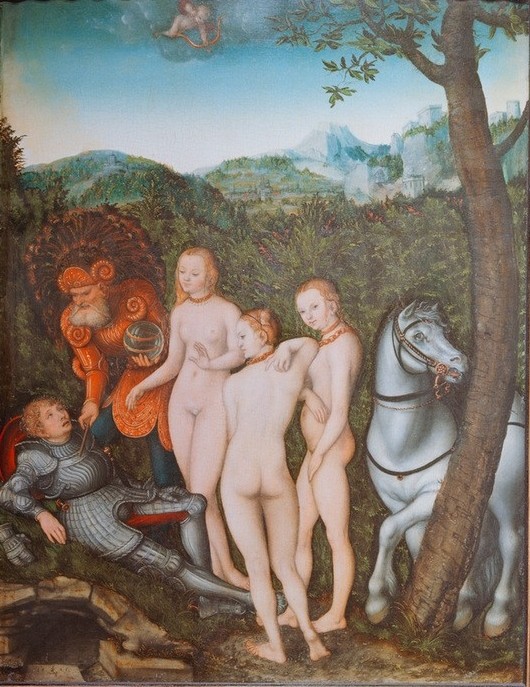 Lucas Cranach der Ältere, Das Urteil des Paris (Deutsche Kunst,Frau,Mythologie,Pferd (Tier),Rüstung (Schutzkleidung),Schönheitswettbewerb,Renaissance,Akt,Urteil Des Paris,Griechisch-Römische Mythologie)