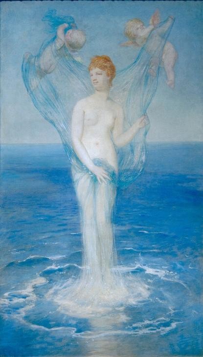 Arnold Böcklin, Venus Anadyomene (Deutsche Kunst,Frau,Geburt,Geburtsvorstellungen,Mythologie,Meer,Schleier,Akt,Schweizerische Kunst,Amorette,Geburt Der Venus,Griechisch-Römische Mythologie)