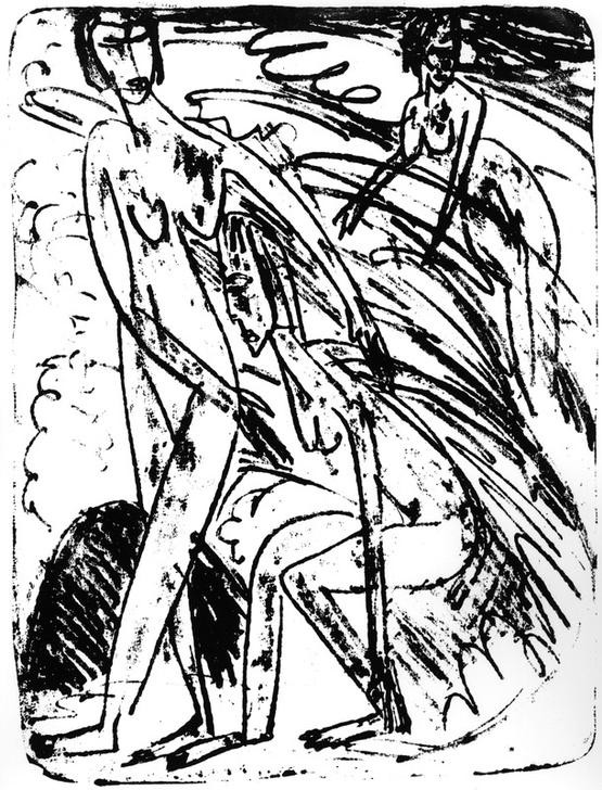 Ernst Ludwig Kirchner, Badende in Wellen (Körperpflege,Bad Im Freien,Bad,Deutsche Kunst,Frau,Strandbad,Meer,Akt,Expressionismus,Die Brücke,Welle)