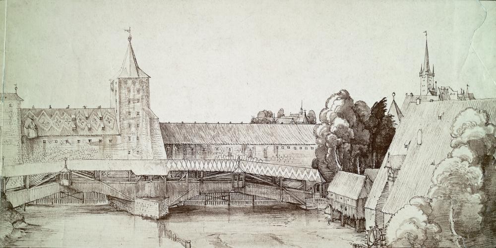 Albrecht Dürer, Der Trockensteg beim Hallertor in Nürnberg (Brücke,Deutsche Kunst,Geographie,Stadtmauer,Renaissance,Vedute,Holzbrücke,Topographie,Fussgängerbrücke)