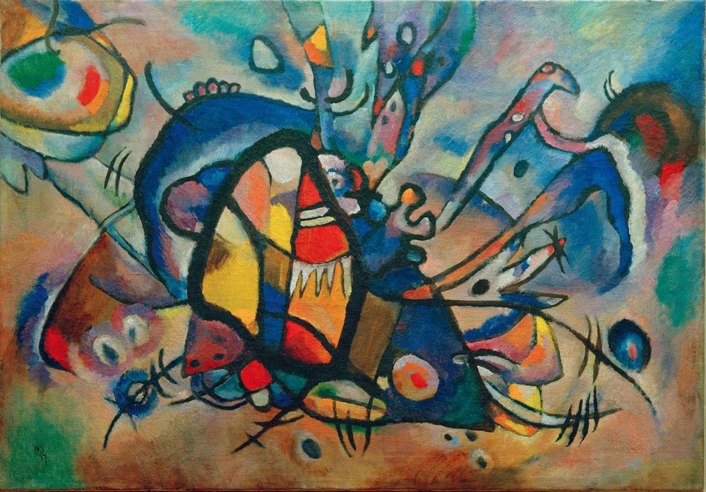 Wassily Kandinsky, Abstrakt Komposition (Feuervogel) (Wunschgröße, Klassische Moderne, Malerei, abstrakte Kunst, amorphe Formen, abstrakte Muster, Linien, Muster, Farbflächen, Wohnzimmer, Büro, Arztpraxis, bunt)