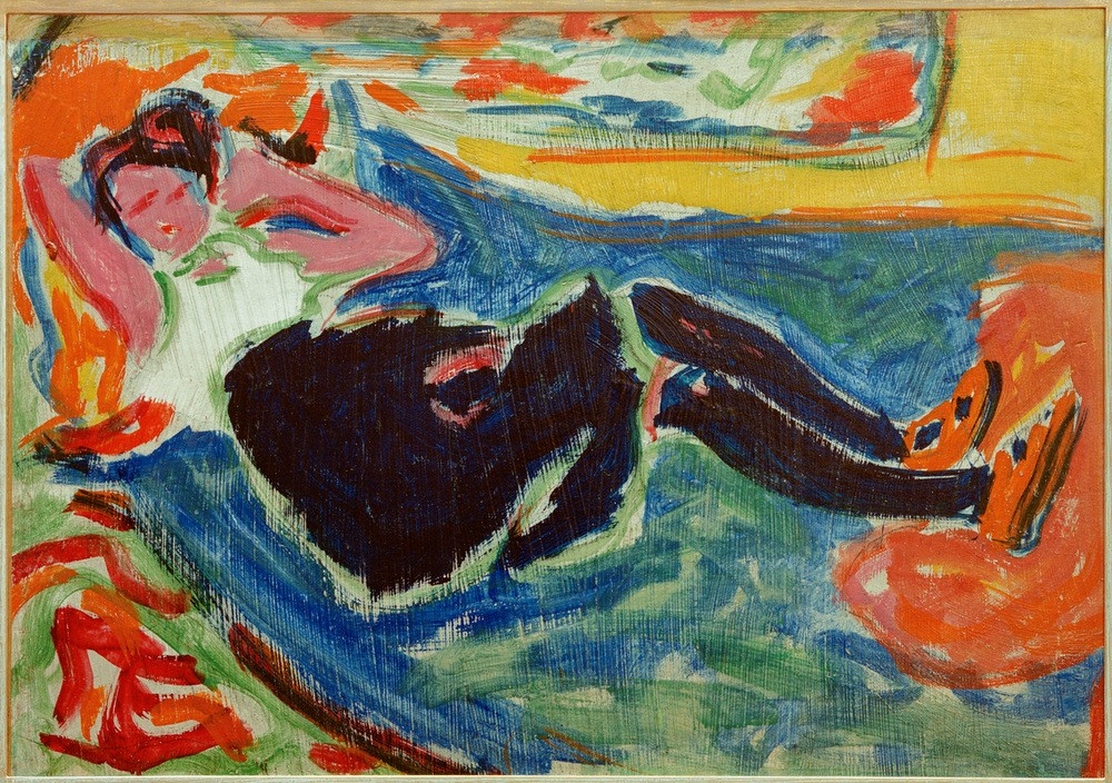 Ernst Ludwig Kirchner, Frau mit schwarzen Strümpfen (Deutsche Kunst,Frau,Kunst,Mensch,Strumpf,Portrait,Expressionismus,Die Brücke,Liegen,Ganzfigurig)