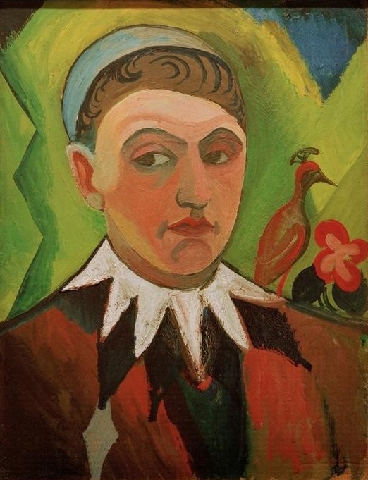 August Macke, Clown, karikiertes Selbstbildnis (Deutsche Kunst,Fahrendes Volk,Karikatur,Künstler,Kunst,Maler (Künstler),Mann,Zirkus (Theater),Selbstbildnis,Portrait,Expressionismus,Clown,Der Blaue Reiter,Kragen,Brustbild,Person)