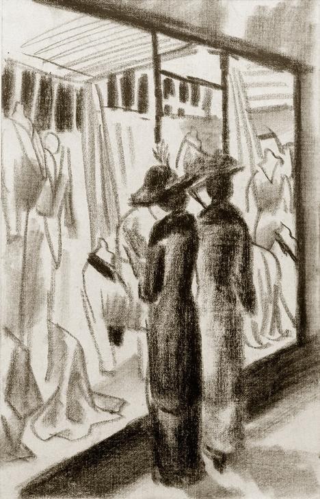 August Macke, Modegeschäft im Laubengang (Damenmode,Deutsche Kunst,Frau,Handel,Mode,Schaufenster,Strassenszene,Szene,Textilhandel,Expressionismus,Der Blaue Reiter,Fussgänger,Modehaus,Frauenleben,Einkaufsbummel,Passant,Passantin,Fussgängerin)