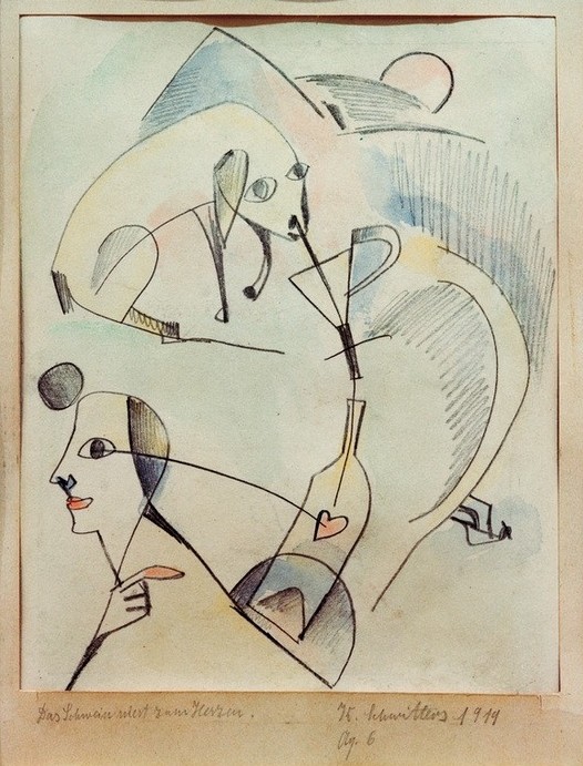 Kurt Schwitters, Das Schwein niest zum Herzen (Deutsche Kunst,Kunst,Mensch,Schwein,Flasche,Trichter,Tier,Niesen,Abstraktion)