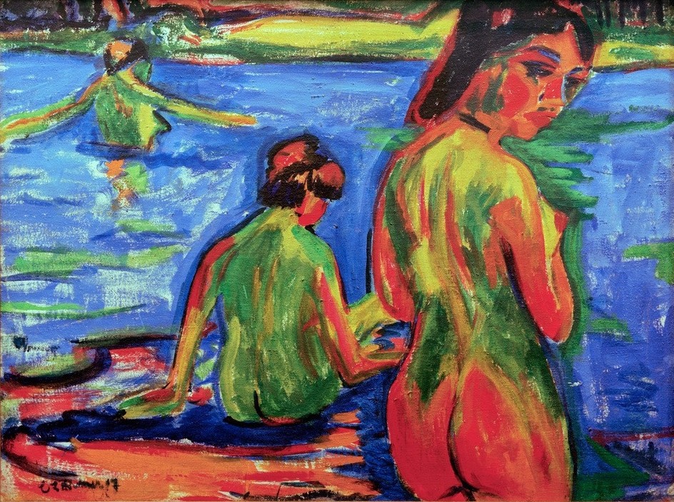 Ernst Ludwig Kirchner, Im See badende Mädchen (Körperpflege,Bad Im Freien,Bad,Deutsche Kunst,Frau,Gewässer,See,Akt,Expressionismus,Rückenakt,Die Brücke,Sitzen,Junge Frau)