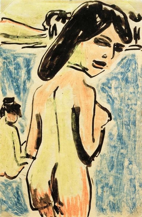 Ernst Ludwig Kirchner, Badende am Teich (Körperpflege,Bad Im Freien,Bad,Deutsche Kunst,Frau,Postkarte,Freizeit,See,Akt,Expressionismus,Die Brücke)