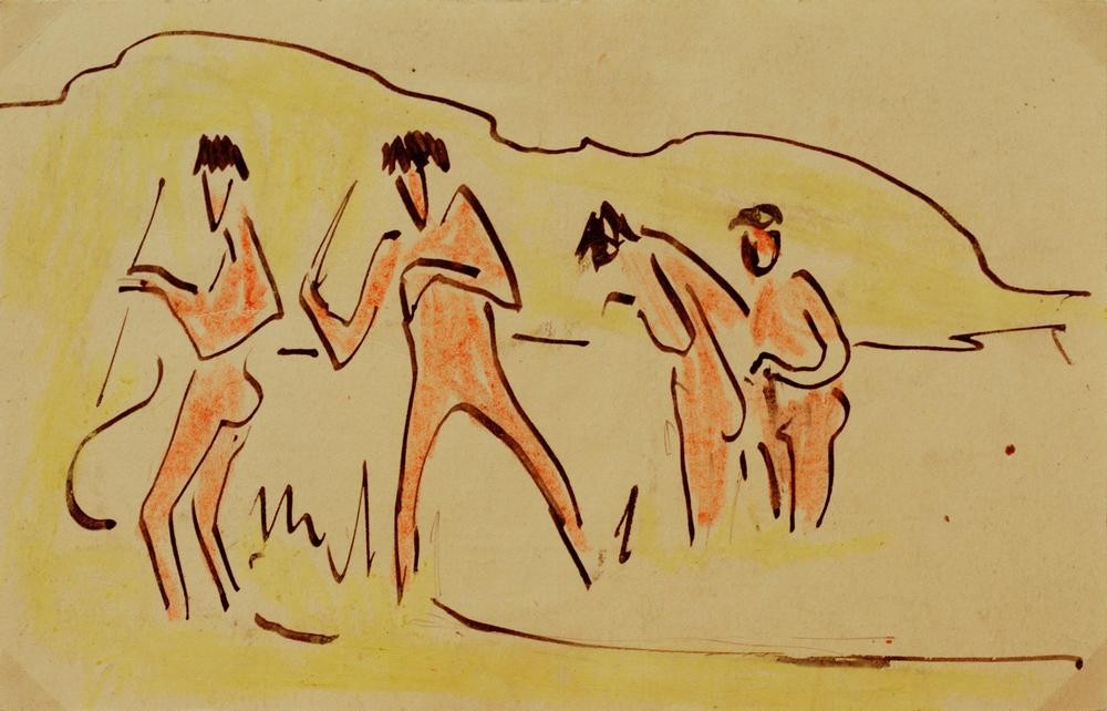 Ernst Ludwig Kirchner, Mit Schilf werfende Badende (Körperpflege,Bad Im Freien,Bad,Deutsche Kunst,Gruppenbild,Mensch,Akt,Expressionismus,Die Brücke)