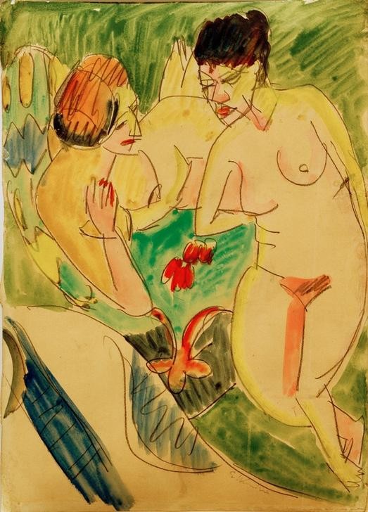 Ernst Ludwig Kirchner, Zwei nackte Frauen (Deutsche Kunst,Frau,Akt,Expressionismus,Die Brücke,Im Freien (Allgemein),Liegen)