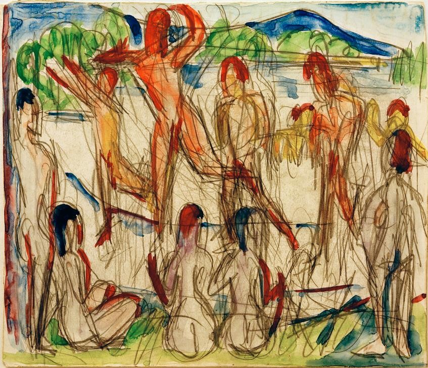 Ernst Ludwig Kirchner, Badende am See (Bad Im Freien,Bad,Deutsche Kunst,Gruppenbild,Kunst,Mensch,Freizeit,See,Akt,Expressionismus,Die Brücke,Im Freien (Allgemein),Nacktheit)