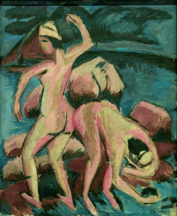 Ernst Ludwig Kirchner, Zwei Badende, Fehmarn (Körperpflege,Bad Im Freien,Bad,Deutsche Kunst,Frau,Akt,Expressionismus,Die Brücke,Bücken)