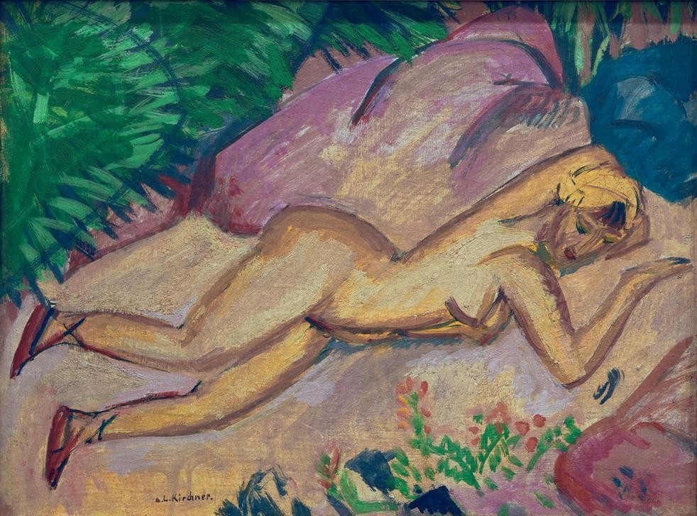 Ernst Ludwig Kirchner, Liegendes Mädchen am Strand (Deutsche Kunst,Frau,Freizeit,Seebad,Strand,Akt,Expressionismus,Reise,Die Brücke,Junge Frau,Liegen)