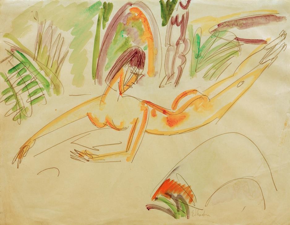 Ernst Ludwig Kirchner, Liegender weiblicher Akt am Fehmarnstrand (Deutsche Kunst,Frau,Freizeit,Seebad,Strand,Akt,Expressionismus,Reise,Die Brücke,Liegen)