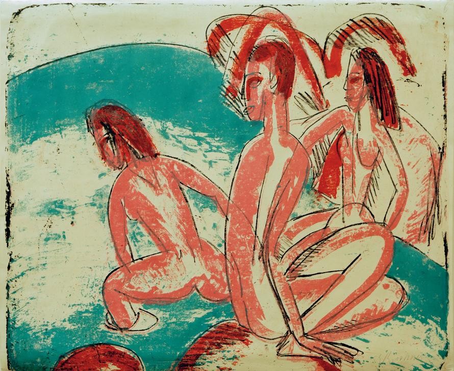 Ernst Ludwig Kirchner, Badende an Steinen (Bad Im Freien,Bad,Deutsche Kunst,Freikörperkultur,Frau,Kunst,Mann,Mensch,Freizeit,Seebad,Strand,Meer,Akt,Expressionismus,Reise,Die Brücke,Im Freien (Allgemein),Nacktheit)