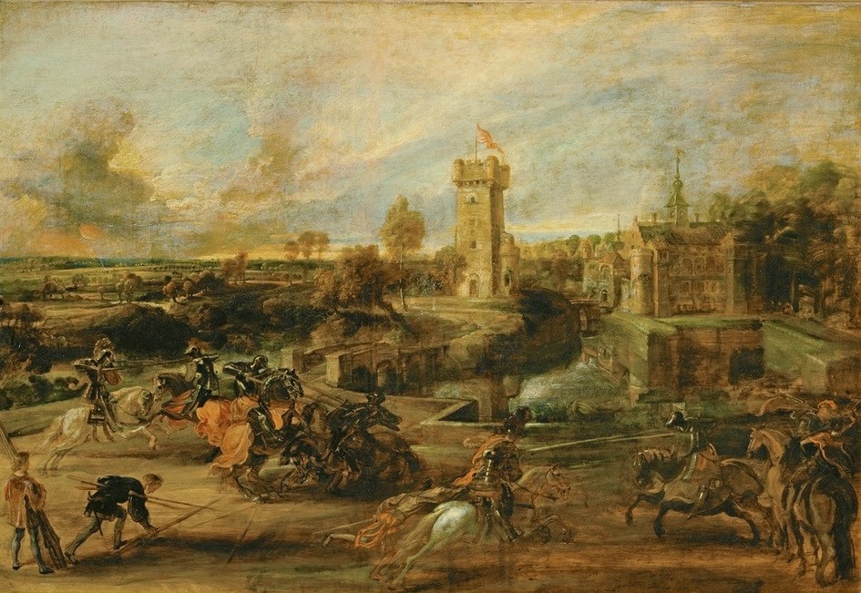 Peter Paul Rubens, Landschaft mit Turnier vor der Burg von Steen (Burg (Bauwerk),Festung,Flämische Kunst,Geschichte,Kunst,Landschaft,Pferd (Tier),Ritter,Rittertum,Sport,Turnier,Reiter,Barock,Niederländische Kunst,Historienmalerei,Tier,Reiten,Burggraben)