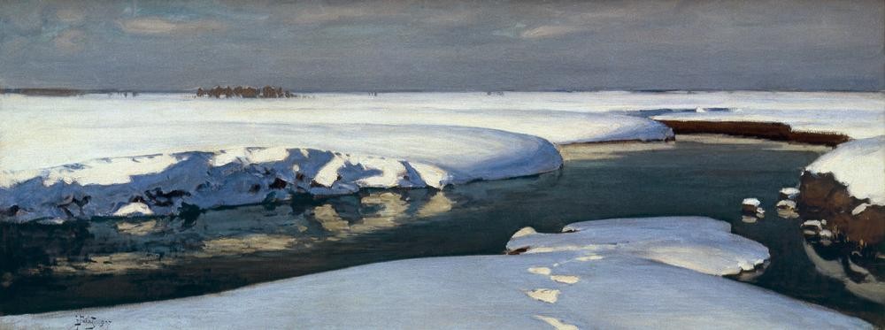 Julian Falat, Winterlandschaft mit Fluß (Winter, Gewässer, Landschaft, Winter, Schnee, Fluss, Eis, Schnee, Horizont, Wunschgröße, Malerei, Wohnzimmer, Klassische Moderne)