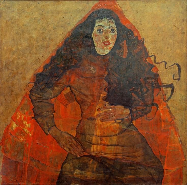 Egon Schiele, Bildnis Trude Engel (Frau,Mensch,Portrait,Österreichische Kunst,Langes Haar,Halbfigur)