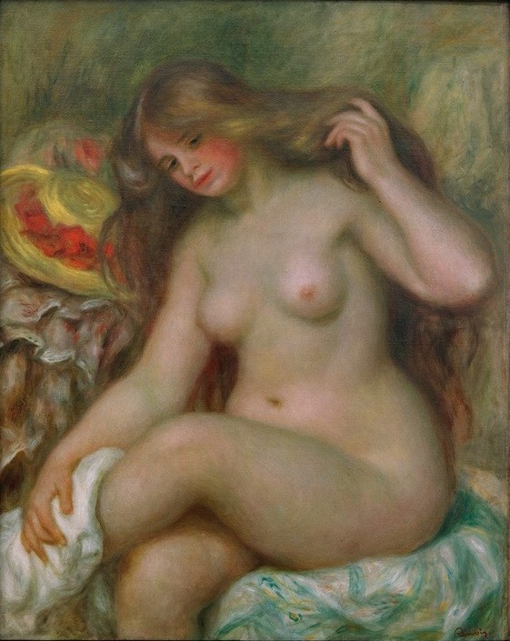 Pierre-Auguste Renoir, Badende mit übergeschlagenen Beinen und Hut (Körperpflege,Bad,Damenmode,Erotik,Frau,Jugend (Lebensalter),Maler (Künstler),Mode,Schönheit,Impressionismus,Hut,Akt,Busen,Französische Kunst,Nacktheit,Sonnenhut,Haare (Haar),Langes Haar,Abtrocknen,Jahrhundertwende,Junge Frau,Beine,Rote Backen)