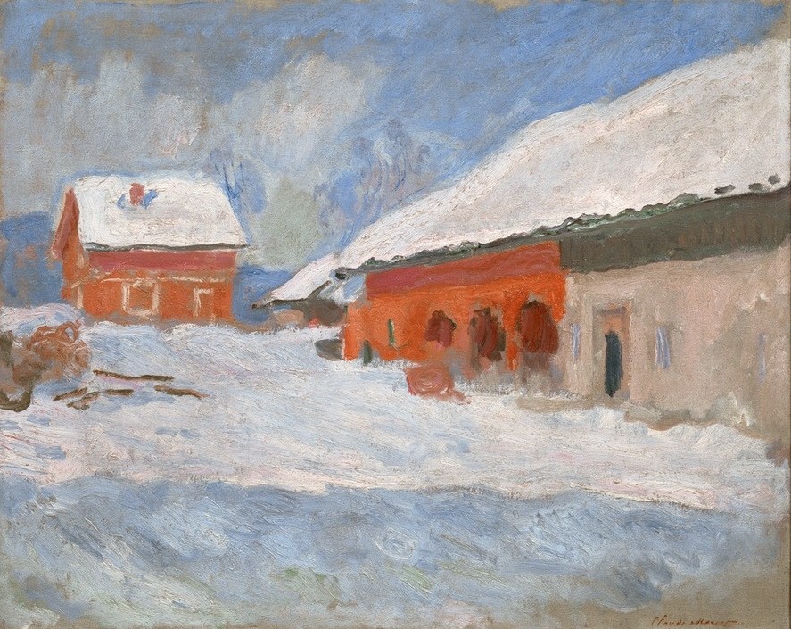 Claude Monet, Les Maisons rouges à Björnegaard (Norvege) (Architektur,Dorf,Haus,Jahreszeiten,Landschaft,Wetter,Winter,Wohnhaus (Allgemein),Impressionismus,Schnee,Architekturdarstellung,Französische Kunst)