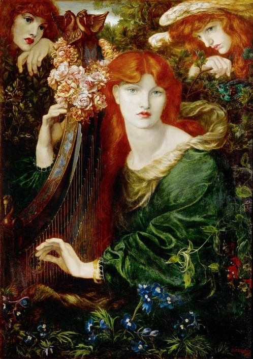 Dante Gabriel Rossetti, La Ghirlandata (Botanik,Engel,Frau,Harfe,Konzert,Musik,Saiteninstrument,Schönheit,Allegorie,Portrait,Präraffaeliten,Englische Kunst,Mystik,Rote Haare,Viktorianische Kunst,Blume,Junge Frau,Mittelscheitel,Harfenistin,Kranz,Blässe,Psalterium (Instrument))