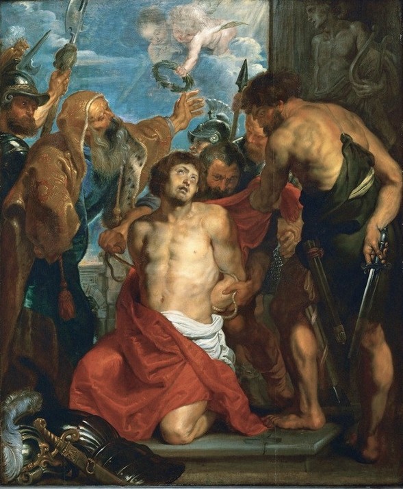 Peter Paul Rubens, Die Marter des Heiligen Georg (Besteck,Christenverfolgung,Christentum,Dolch,Engel,Flämische Kunst,Heilige,Hinrichtung,Kunst,Recht,Religion,Tod,Waffe,Barock,Werkzeug,Henker,Messer,Martyrium,Märtyrer,Heiligenlegende,Niederländische Kunst)