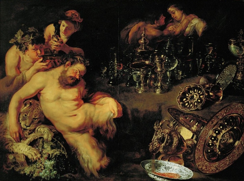 Peter Paul Rubens, Trunkener, schlafender Satyr (Alkohol,Essen Und Trinken,Flämische Kunst,Geräte,Griechische Kunst,Kunst,Leopard,Liebespaar,Mann,Möbel,Mythologie,Wein,Römisch,Traum,Barock,Trinken,Akt,Tisch,Alkoholismus,Stillleben,Betrunken,Satyr,Delirium,Bacchanal,Niederländische Kunst,Götter,Gefäss,Ge)