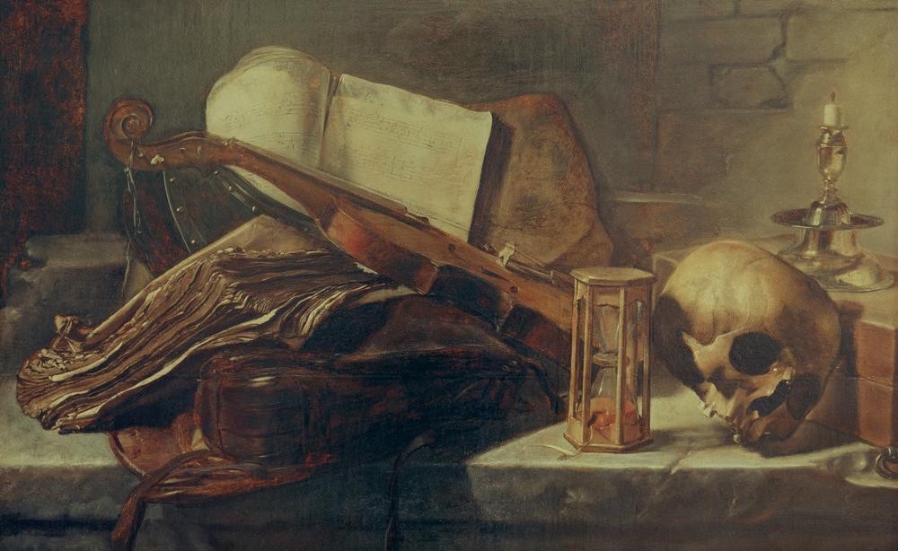 Rembrandt Harmenszoon van Rijn, Stilleben mit Büchern, Violine, Totenschädel und Stundengla (Kunst,Literatur,Musik,Noten,Barock,Geige,Instrument,Allegorie,Stillleben,Kerze (Licht),Vanitas,Totenkopf,Stundenglas,Niederländische Kunst,Memento Mori,Foliant,Streichinstrument,Kerzenständer,Symbolik)