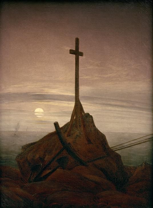 Caspar David Friedrich, Kreuz an der Ostsee (Christentum,Deutsche Kunst,Kreuz,Küste,Kunst,Landschaft,Meer,Anker,Felsen,Hoffnung,Romantik,Symbolik)