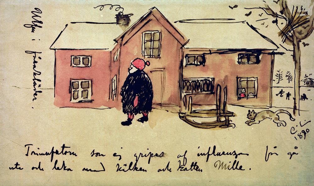 Carl Larsson, Ulf im Schafspelz (Handschrift,Haus,Katze (Tier),Kinderspiel,Kind,Schlittenfahren,Winter,Wohnhaus (Allgemein),Schlitten,Kind Und Tier,Schwedische Kunst,Im Freien (Allgemein),Knabe,Kinderleben,Garten)