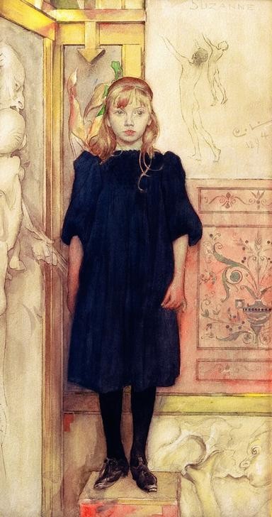 Carl Larsson, Suzanne (Illustrator,Kindermode,Kind,Mädchen,Maler (Künstler),Mode,Portrait,Tochter,Schwedische Kunst,Kleid,Schwarz,Ganzfigurig,Person)