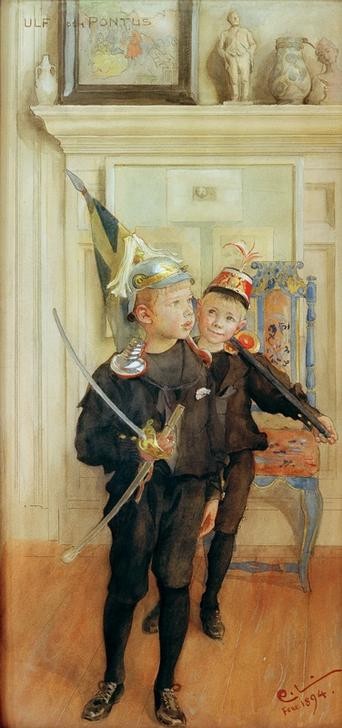 Carl Larsson, Ulf und Pontus (Degen,Illustrator,Familie,Geschwister,Helm,Jugendstil,Kinderspiel,Kind,Maler (Künstler),Soldatenspiel,Uniform,Schwedische Kunst,Knabe,Sohn,Doppelportrait,Person,Fahne)